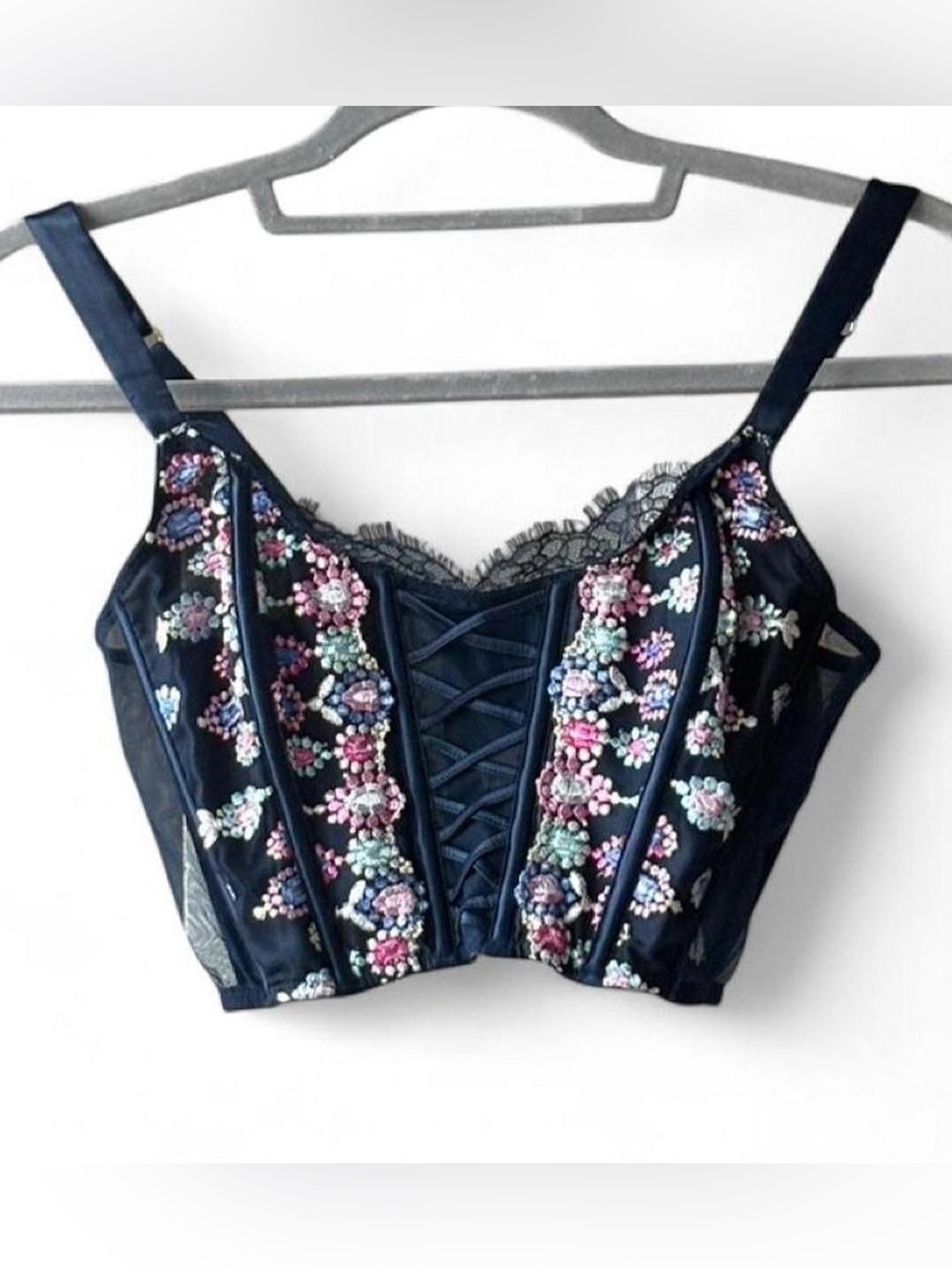 Victoria’s Secret Dream Angels Floral Embroidery Navy Blue Corset Bra Top Size S